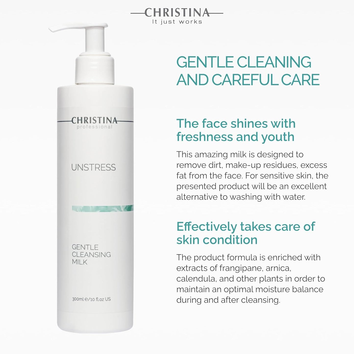 Christina - Unstress Gentle Cleansing Milk with Vitamin E | Smothing Refreshing milk Cleanser for Face | Soap-free Cleansing Milk for Face | Suitable for All Skin Types (10 fl oz.)
