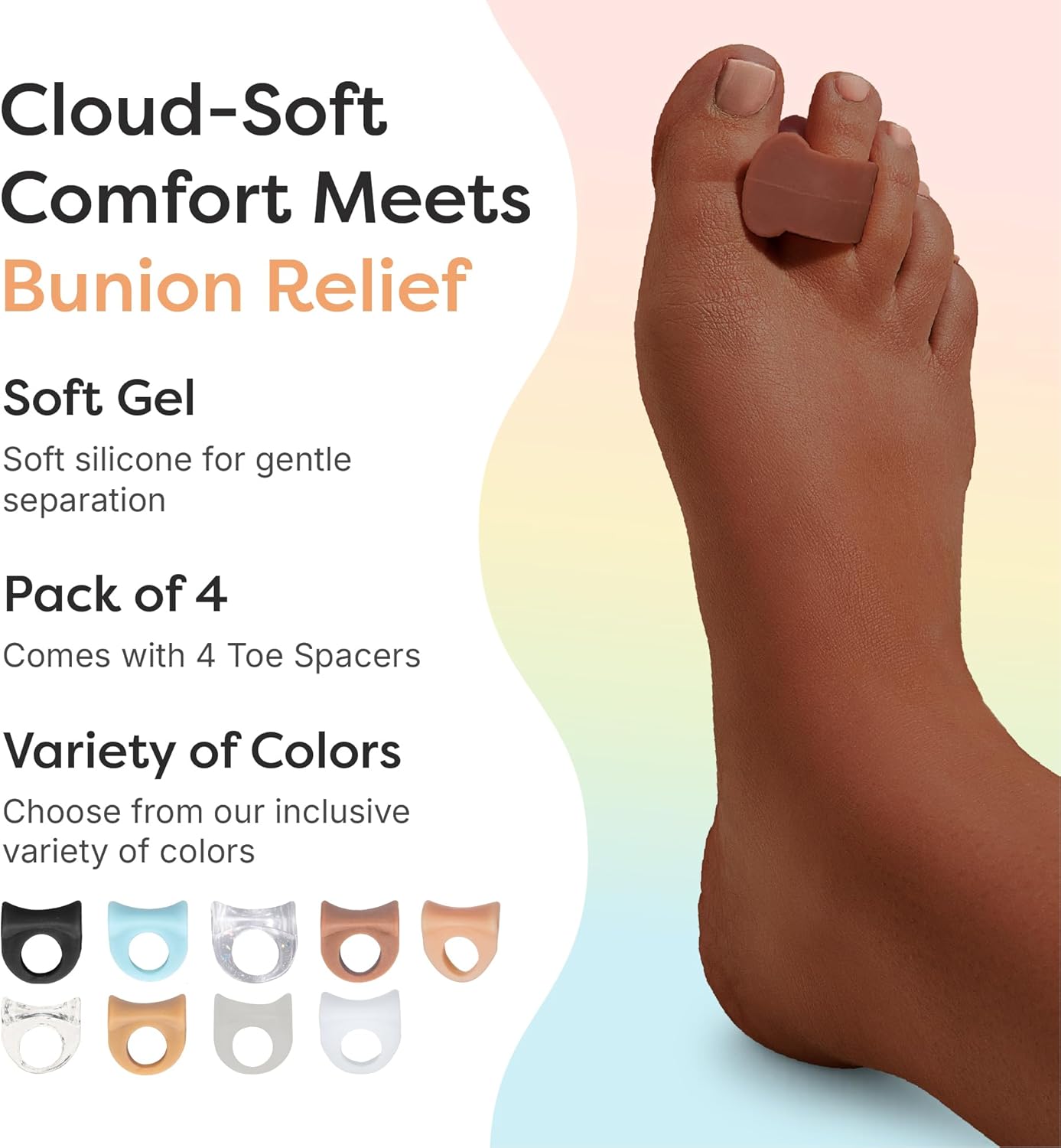 ZenToes Gel Toe Separators for Overlapping Toes, Bunions, Big Toe Alignment, Corrector and Spacer - 4 Pack (Cocoa)