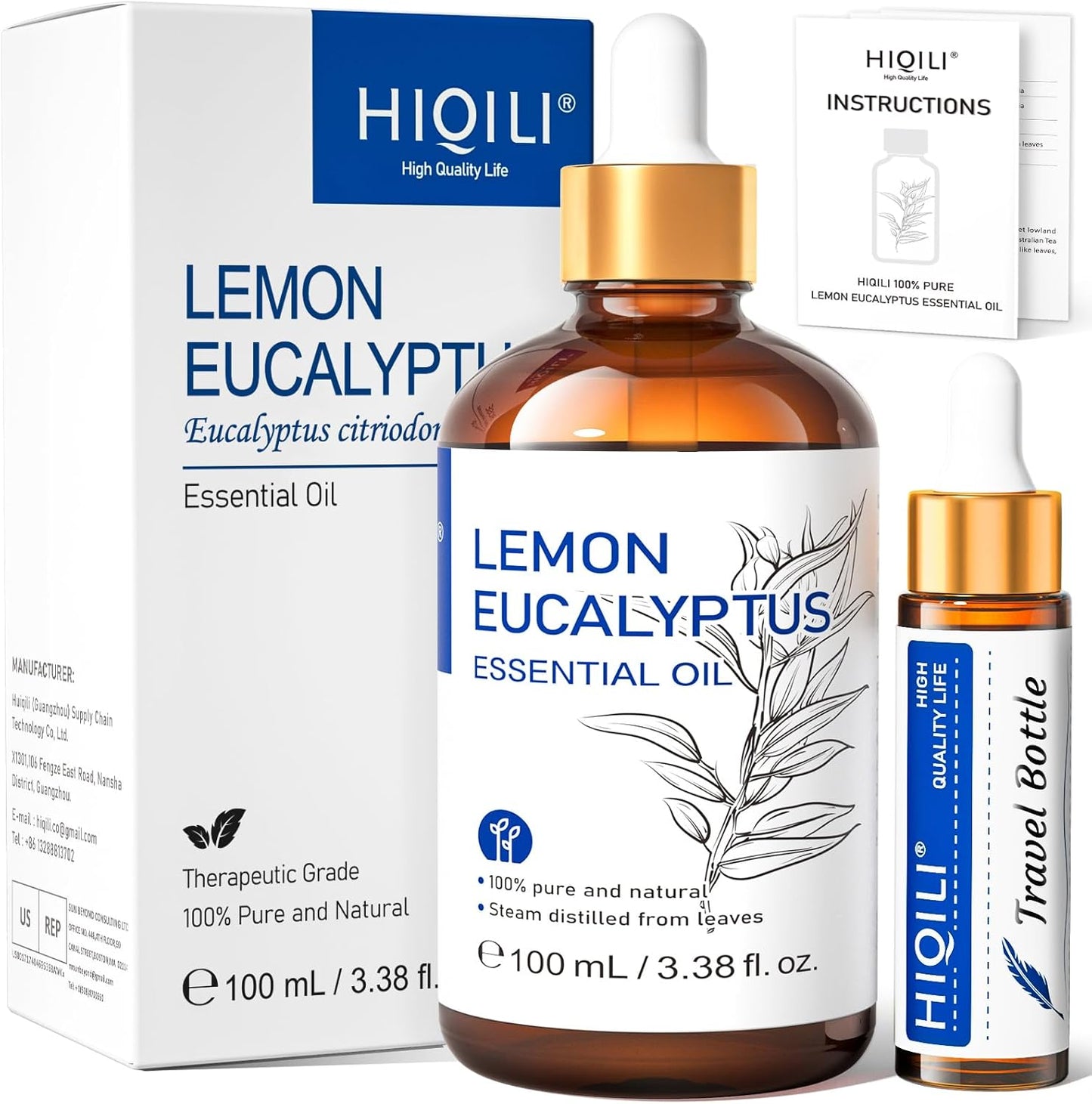 HIQILI Lemon Eucalyptus Oil, for Spary, Diffuser, Indoors, Outdoors, Garden, Yard, 100% Pure Natural - 3.38 Fl Oz