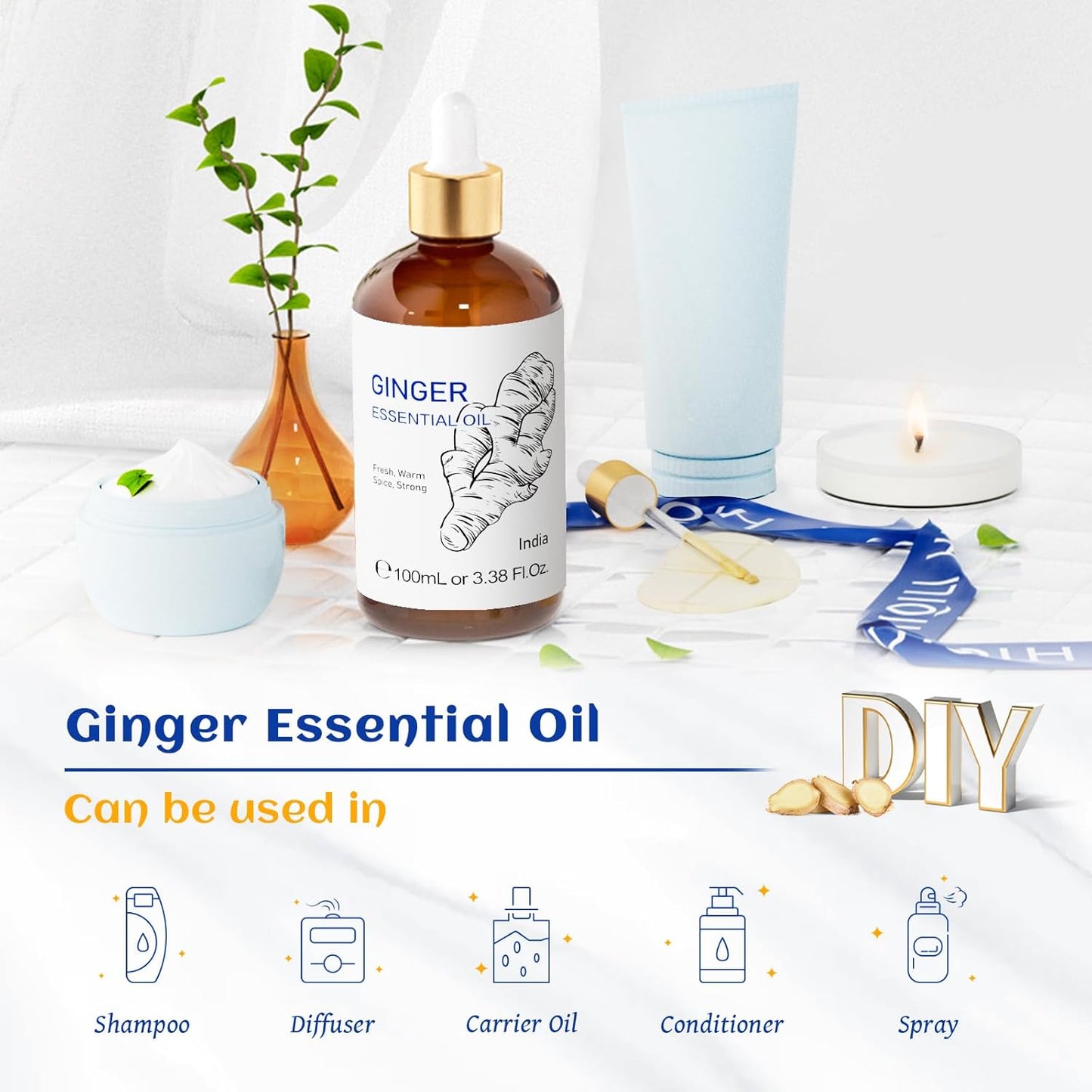 HIQILI Pure Ginger Essential Oil 3.38 Fl Oz, Pure Natural Premium Ginger Oil for Massage, Diffuser, Large Bottle with Dropper & Gift Box -100ml
