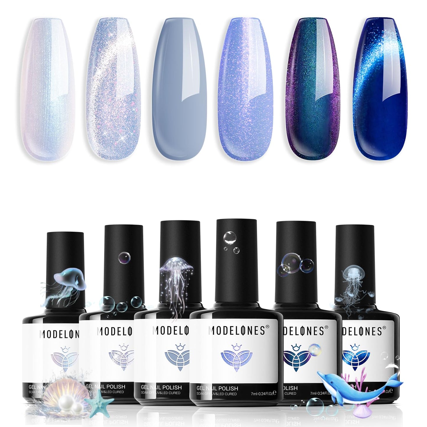 modelones Gel Nail Polish Set, 6 Colors Fall Winter Icy Blue Collection Glitter Gel Polish Galaxy White Dark Blue 9D Cat Eye Nail Polish with Magnet Soak Off Led Nail Art Kit Salon DIY Gift