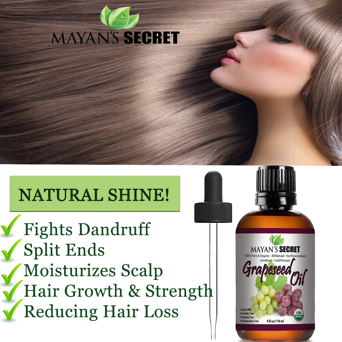 USDA Certified Organic GRAPESEED Oil Anti-Aging MOISTURIZER - Facial Cleanser | Unrefined, Cold Pressed | Essential to Reduce Skin Wrinkles and Stretch Marks | Dandruff Remover