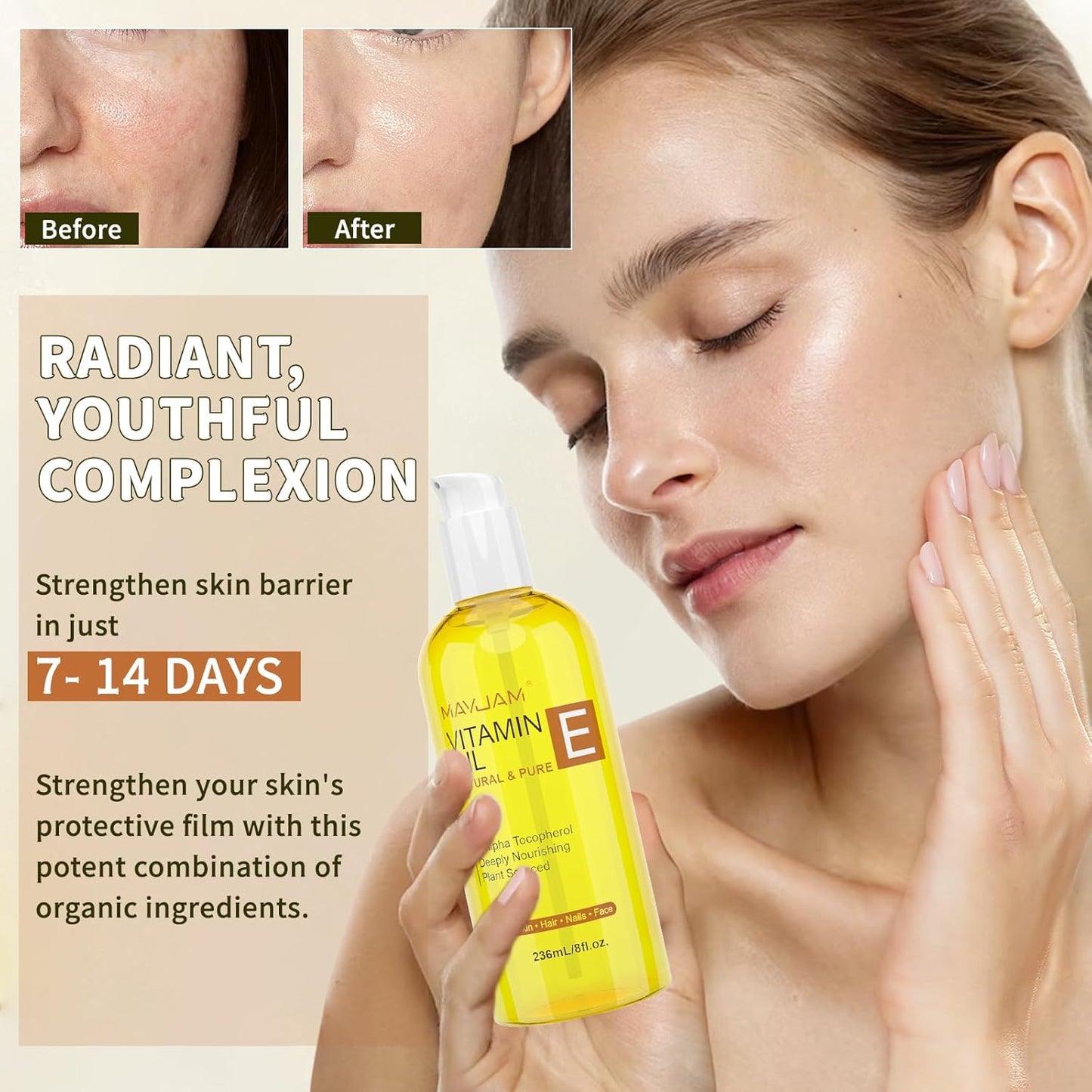 Organic Vitamin E Oil 50,000 IU for Skin, Pure & Natural Vitamine oils for Scars Hair, Face, Nail, Scalp Bath and Body Oil, Tocopherol to Repair Damaged Skin, Moisturizing Dry Skin, 8 Fl Oz