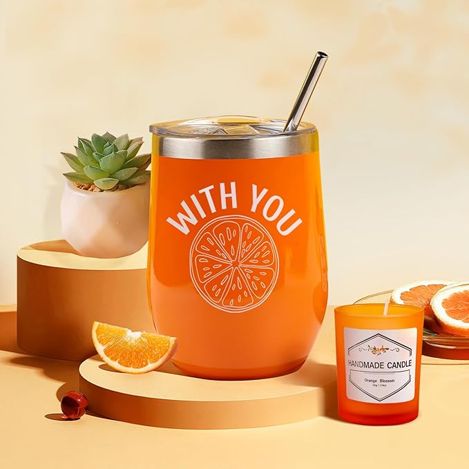 Orange-Themed Spa Gift Basket for Women - Self-Care Package, Birthday Box with Handmade Soap, Candle, Bath Bomb, Headband, and Towel