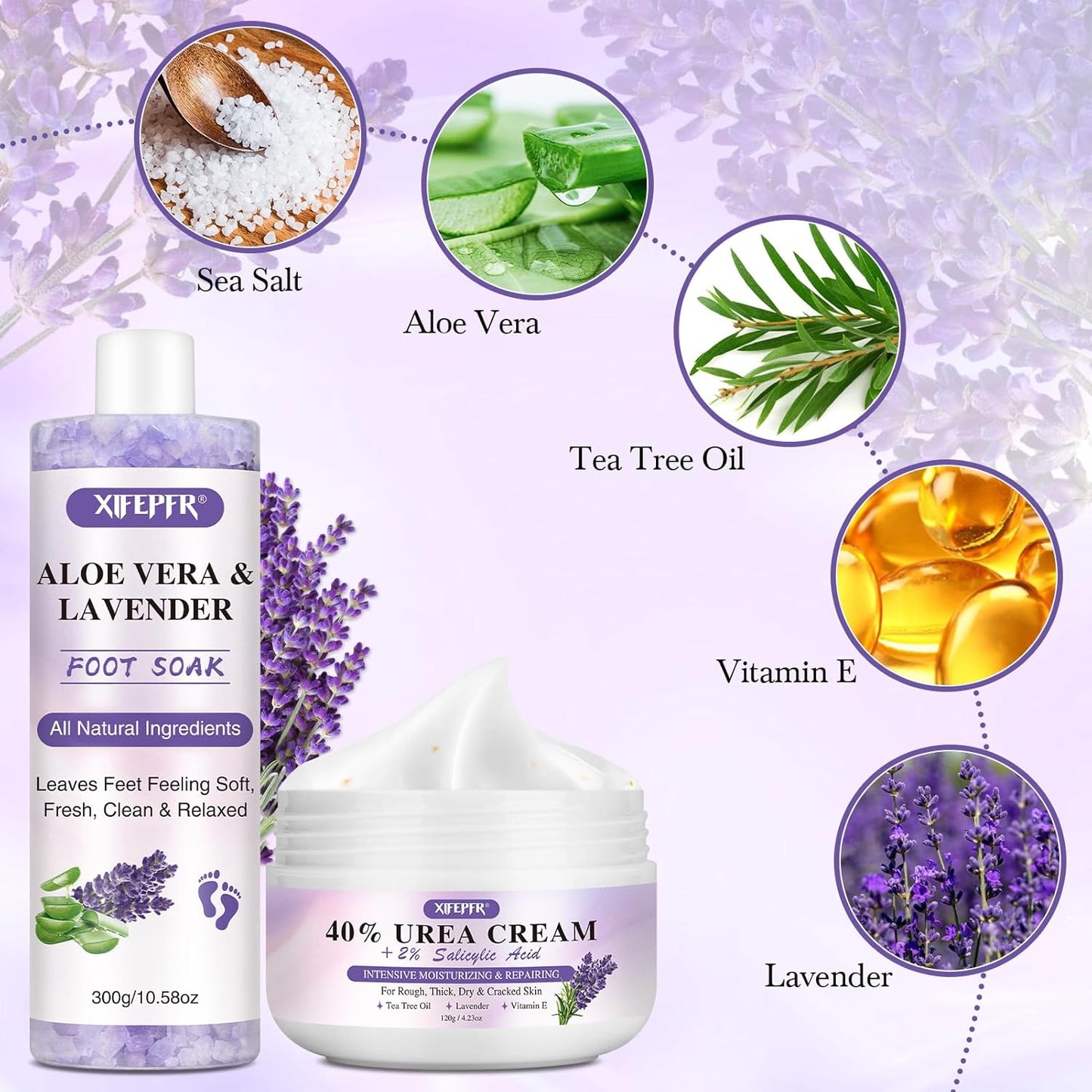 Foot Soak Set Callus Remover Pedicure Kit - Urea Cream 40%, Lavender Soak Salt with Epsom Salt & Foot File for Dead Skin, Foot Care Kit for Dry Cracked Heels at Home