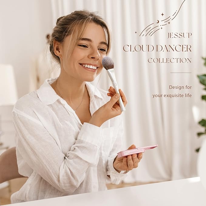 Jessup Makeup Brushes Set 14pcs Highend Makeup Gift Set for Women Include Foundation Concealer Blush Contour Powder Eye Shadow Brush, Makeup Sponge, Makeup Brush Cleaner and Towel, Pearl White T333