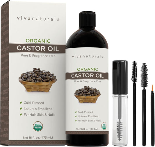 Viva Naturals Cold pressed Organic Castor Oil 16 fl oz - Castor Oil for Face, Eyelashes, Traditional Eyebrow Serum, Hair Oil - Certified Organic & Non-GMO