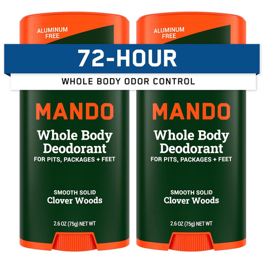 Mando Whole Body Deodorant For Men - Smooth Solid Stick - 72 Hour Odor Control - Aluminum Free, Baking Soda Free, Skin Safe - 2.6 Ounce (Pack of 2) - Clover Woods