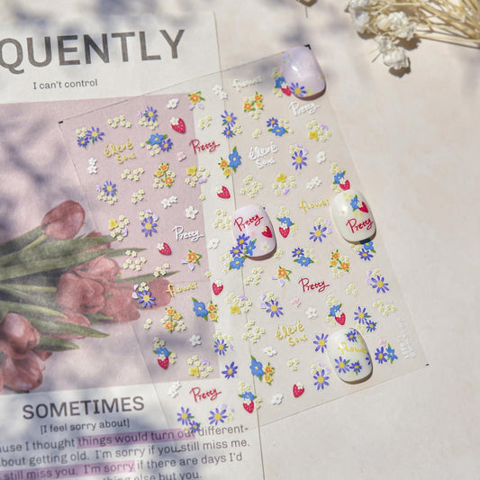 Flower Nail Stickers for Nail Art Strawberry Nail Stickers Summer Cute Floral Pink 5D Embossed Concise Nail Decals Self-Adhesive Nails Supply Manicure Sliders Flower for Women Nails Decoration