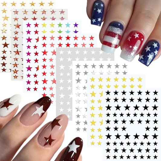 8Sheets Star Nail Stickers Gold Nail Art Stickers 3D Self Adhesive Nail Decals Silver White Gold Black Nail Art Decals Holographic Nails Design for Women Girls Nails Art Accessories DIY Manicure