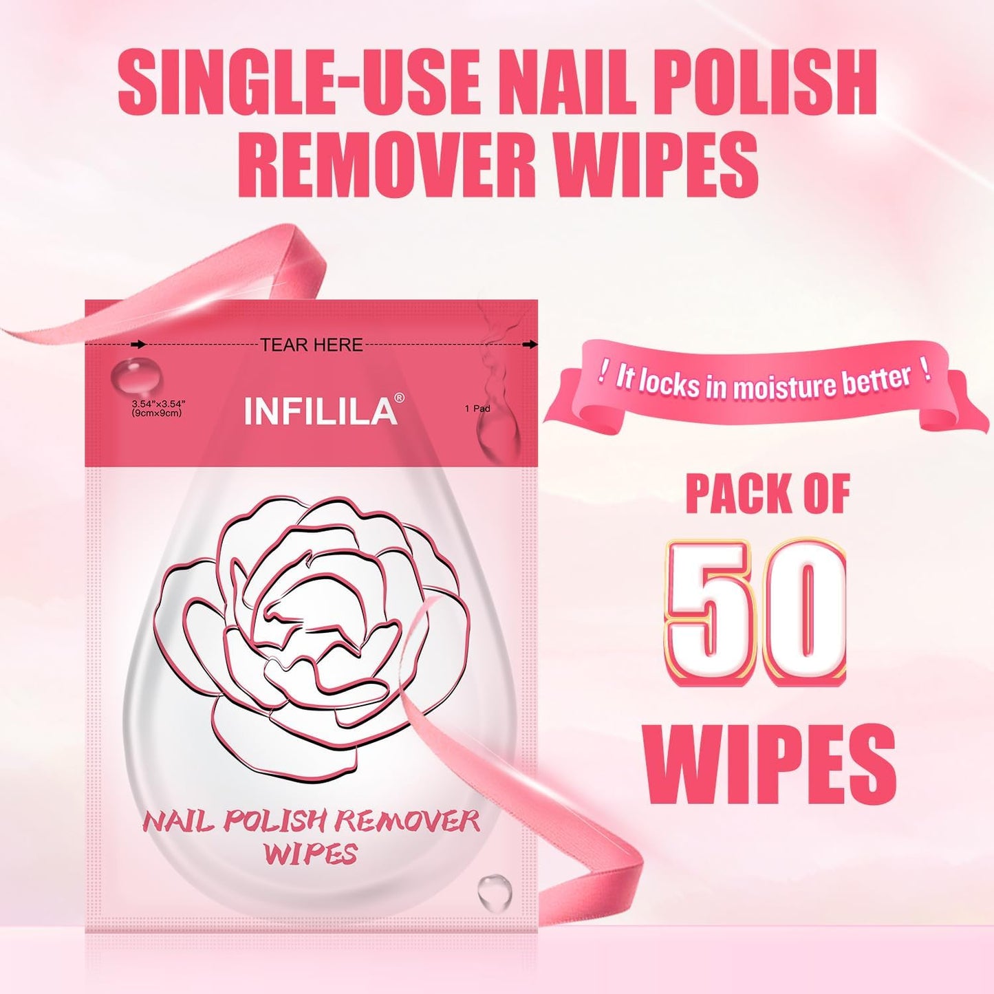 NXJ INFILILA Nail Polish Remover Pads Big Size 50 PCS Fingernail Polish Remover, Quick Nail Polish Remover Wipes, Portable Travel Kit to Clear Nail Polish for Home Professional Salon Supplies