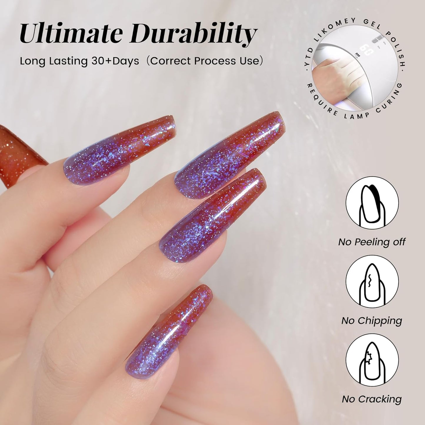 YTD Likomey Brocade Glitter Color Changing Gel Nail Polish,15ml Light Purple To Jujube Red Shimmer Mood Temperature Change Colors Iridescent Flakes,Fall Winter Thermal UV Nail Gel,WB340