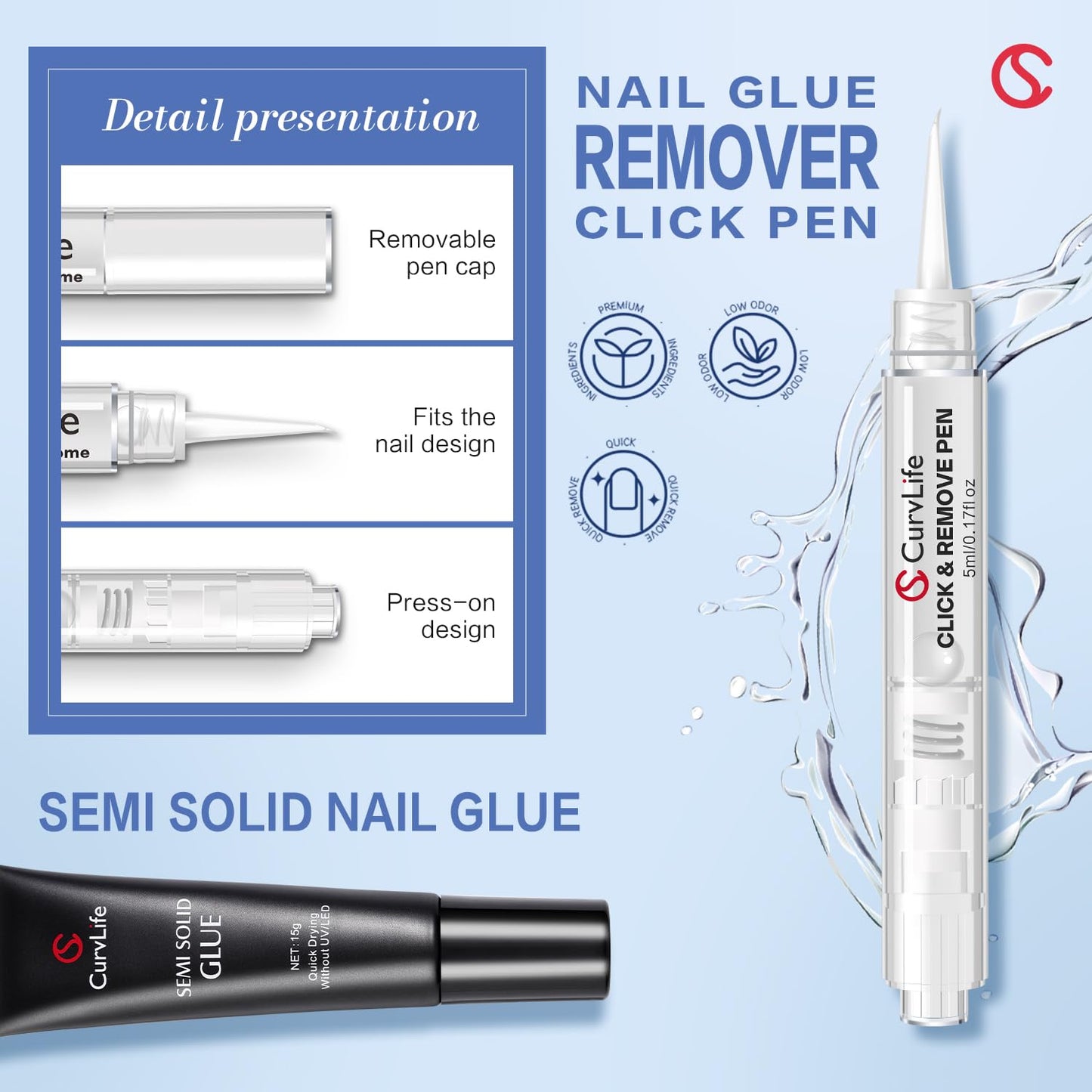 Curvlife 15g Semi Solid Nail Glue Gel with 5ml 3 in 1Nail Glue Remover, No Need for Uv Light, Gel for Press On Nails, Click&Remove Pen Design