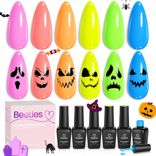 Beetles Halloween Gel Nail Polish Set, Bright Rainbow Collection 6 Colors Hot Pink Blue Yellow Green Soak Off UV LED Neon Gel Nail Polish Kit Gift for Women