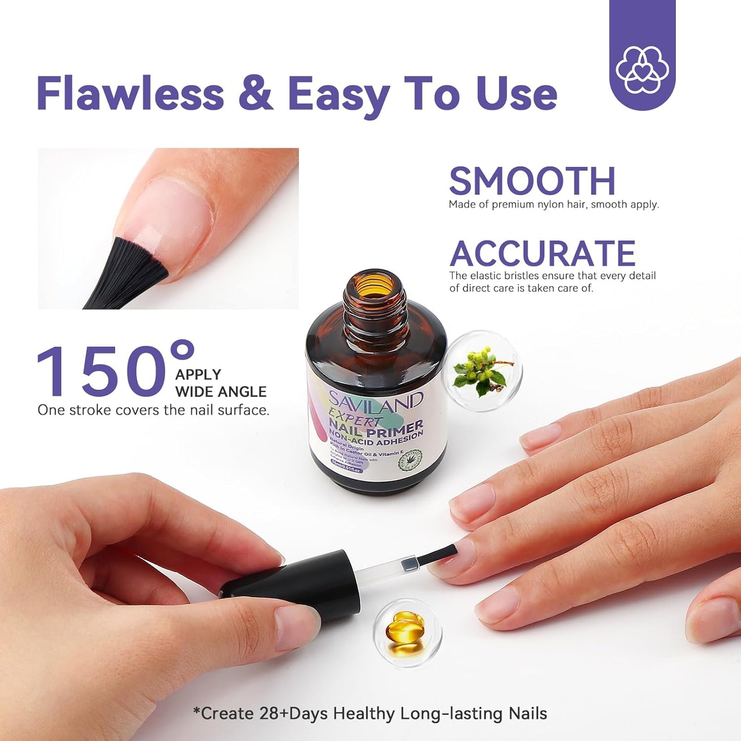 SAVILAND Nail Primer No Lift: 2024 Acid Free Primer Nail Prep Bond with Vitamin E Ingredient Castor Oil for Gel Acrylic Dip Nails, Ultra-Strong Adhesion Protein Nail Bond Nail Supplies Home Salon