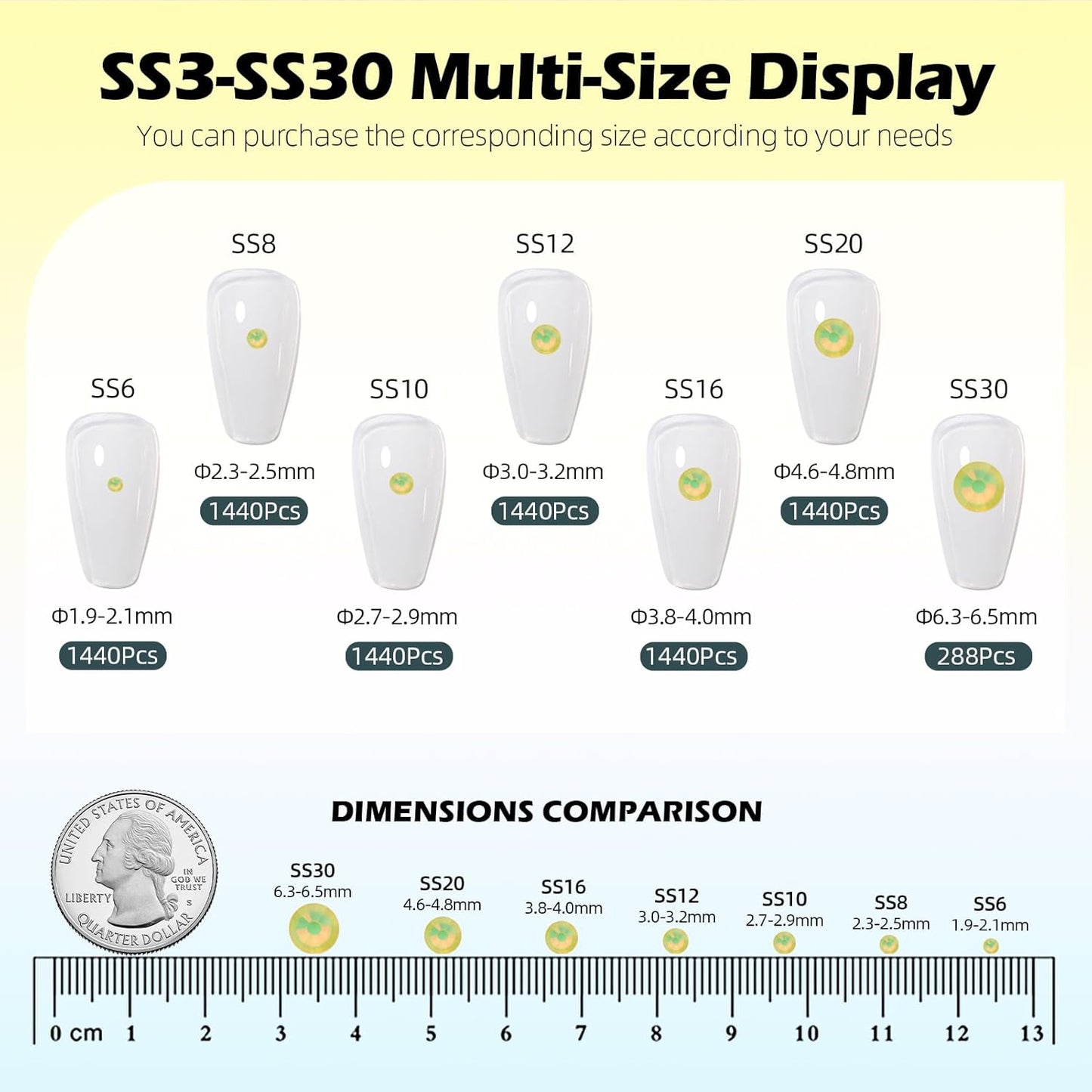 F Yellow Flatback Rhinestones, Glass Rhinestones for Nail Art and Craft, Glue Fix, Loose Crystal Gemstones(F Yellow, SS12, 1440pcs, 2.9-3.0mm)