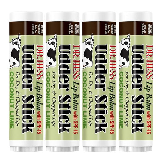 Original Udder Stick SPF Lip Balm, Soothing Moisturizer Sun Screen Balm for Dry Lips with Jojoba, Beeswax & Shea Butter, Total Lip Care, Hydration & Repair, Coconut-Lime Flavor, 4 Pack
