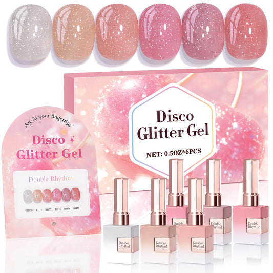 Double Rhythm 0.5 Oz Glitter Gel Polish Set of 6 Color with Display Board 15 ml Full Size Kit Shimmer Reflective Sparkle Soak Off Manicure Salon DIY at Home (Silver Nude Rose Coral Pink-T6-39)