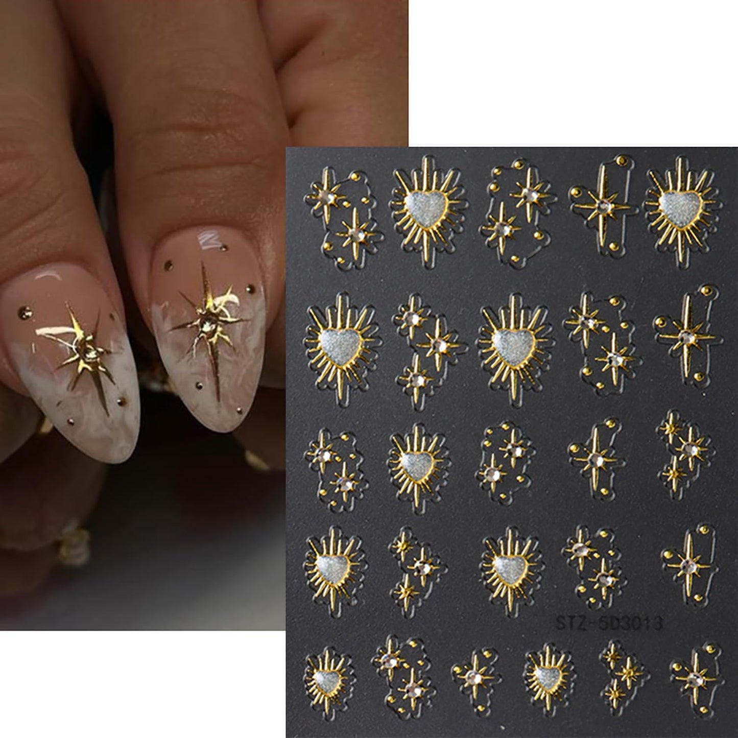 5D Star Nail Art Stickers Gold Nail Decals Rhinestone Design 2PCS Embossed Self-Adhesive Heart Star Moon Nail Supplies DIY Slider Manicures Accessories Stars Nail Art Stickers for Women Decorations