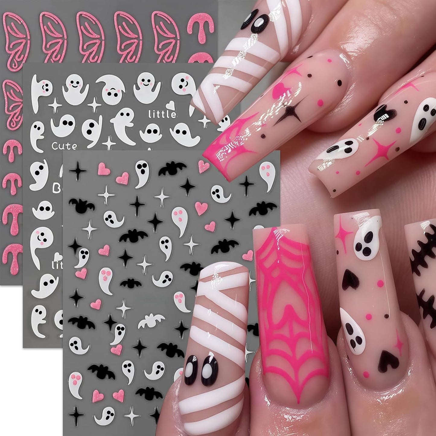 6Sheets Halloween Nail Stickers for Nail Art,3D Self-Adhesive Cute Ghost Spider Web Nail Decals Spooky Nail Art Stickers Heart Bats Spider Nails Design Manicure DIY Cute Holiday Nail Decoration Charms