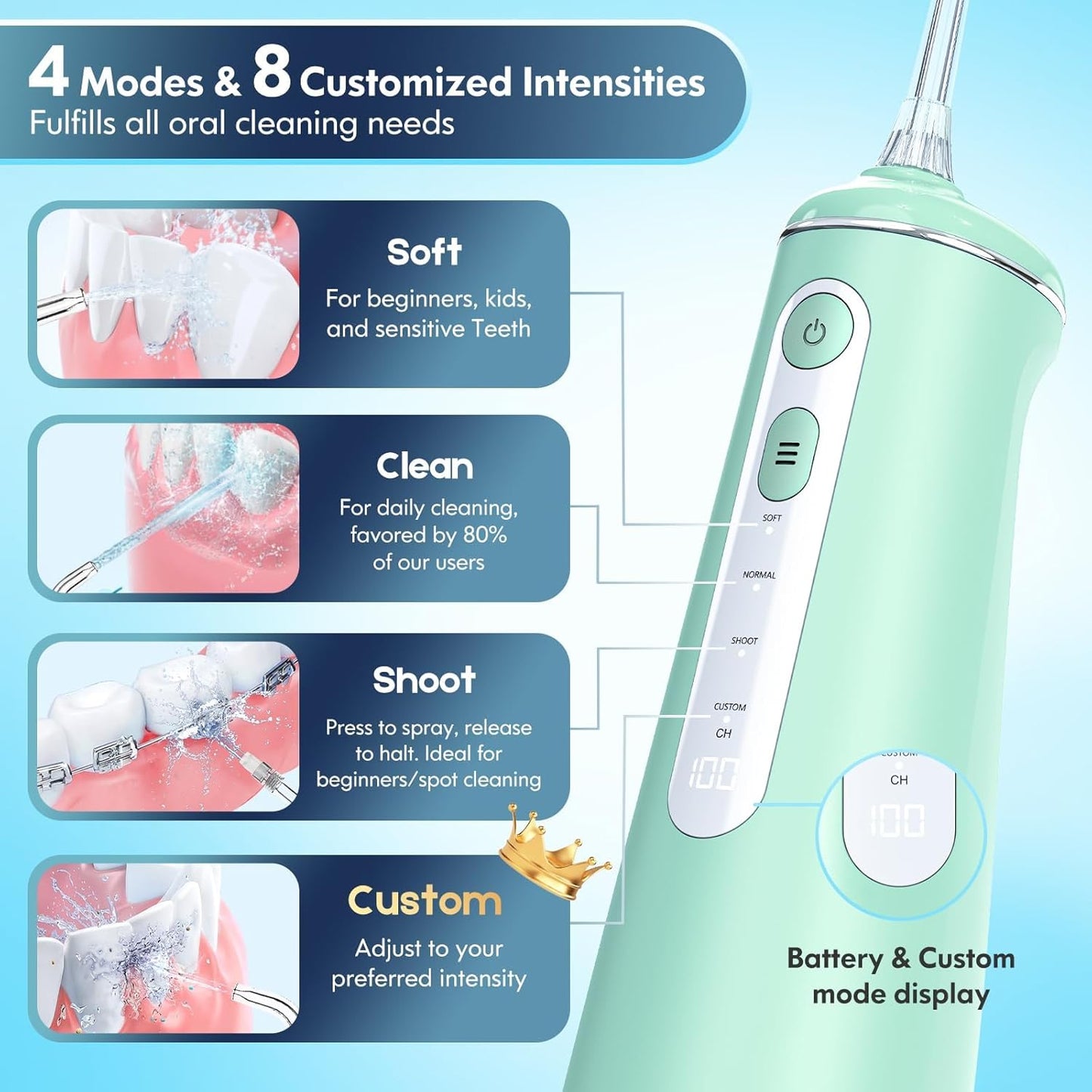 Water Flosser for Teeth, Cordless Oral Irrigator Portable Dental Cleaner Picks with 8 DIY Modes 7 Jets 300ml Tank Braces Flossers Rechargeable (Green)