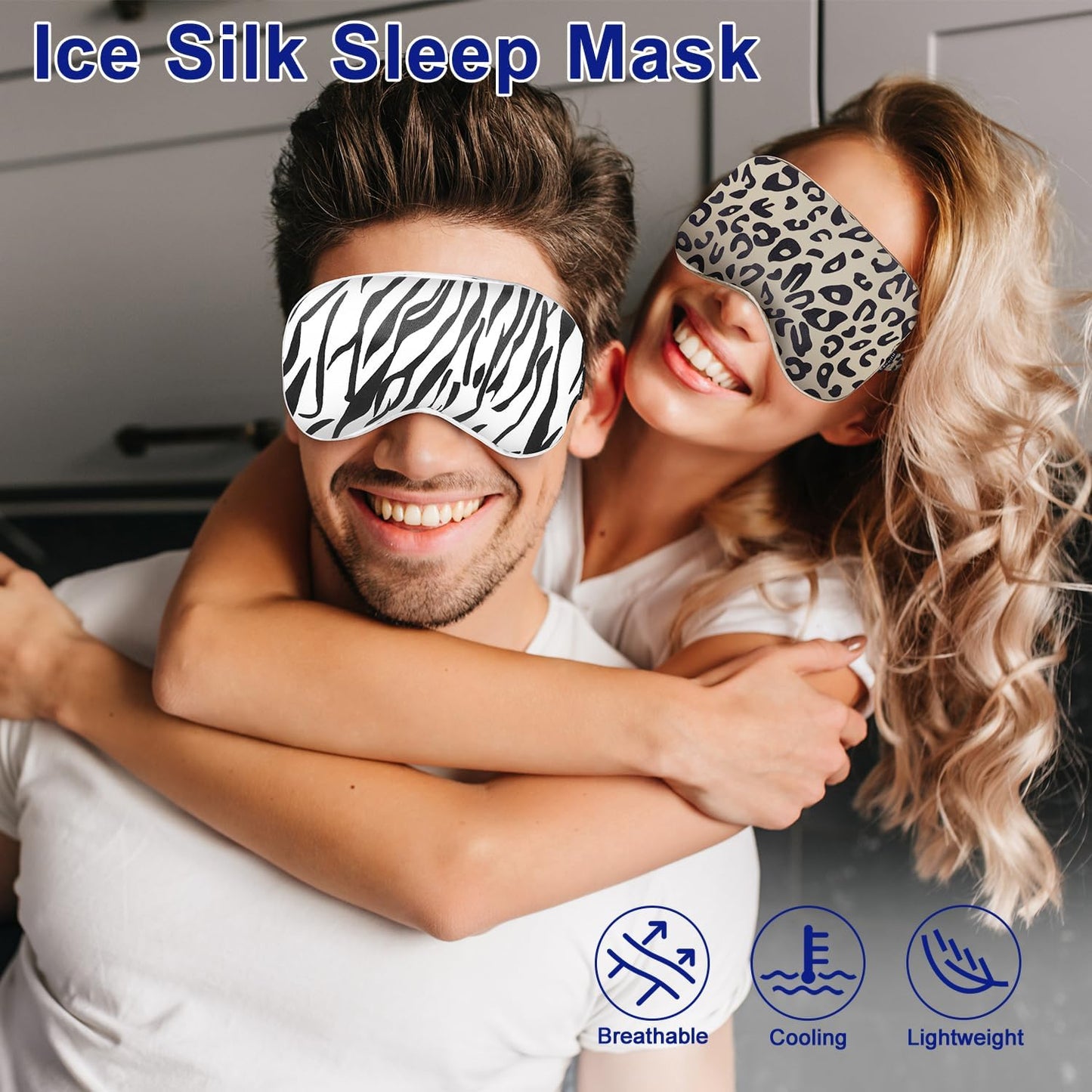Sleep mask w/Cooling Gel Eye Mask, 2Packs Heated Eye Mask for Sleeping, Reusable Ice Silk Blackout Eye Cover Sleeping Mask for Travel, Home, Office, Yoga, Stocking Stuffers (Zebra+Leopard)