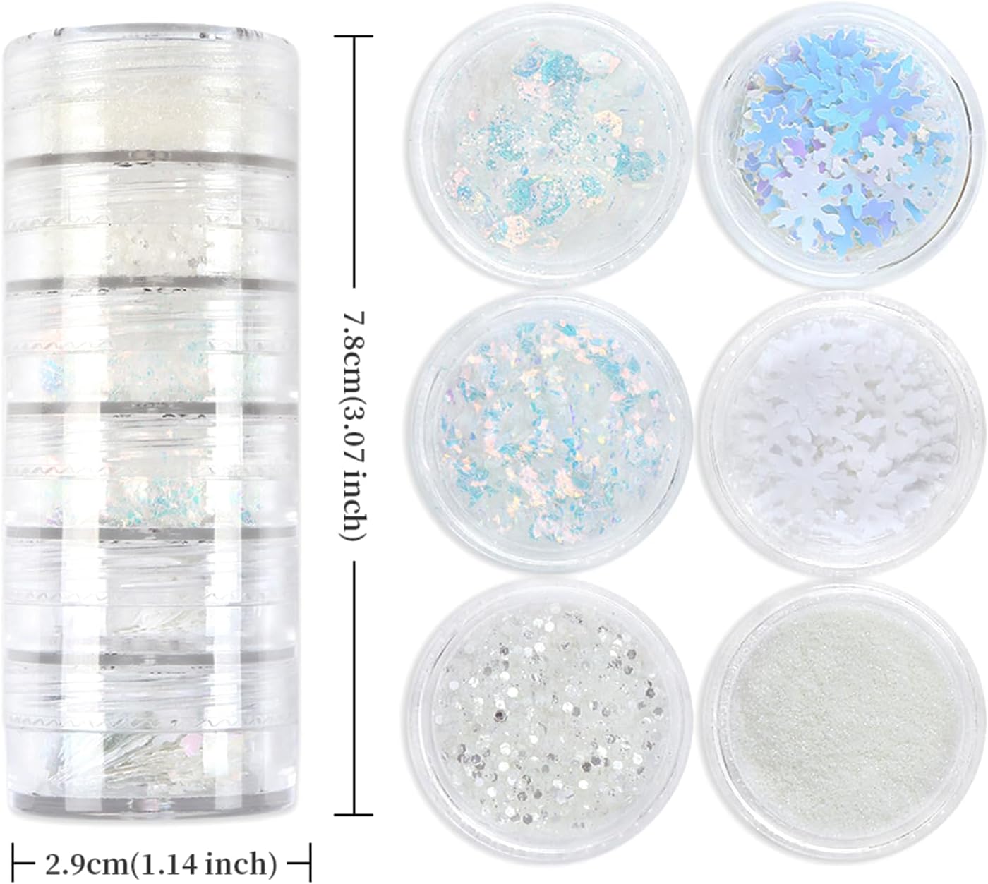 Snowflake Nail Art Glitter White Blue Winter Nail Sequins Flakes, White Manicure fine Glitter Powder, 3D Holographic Round Hexagon Nail Stickers Decals Supplies Nail Charms for Women 6 Box