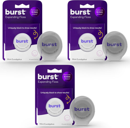 BURST Expanding Dental Floss (Mint Eucalyptus/120 Yards) | Stain Absorbing & Woven with Xylitol Coating to Fight Cavities | Vegan | Paraben Free