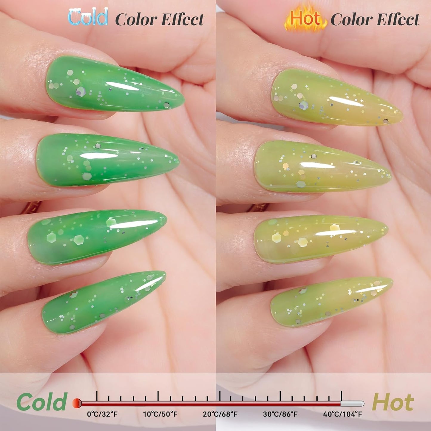 YTD Likomey Color Changing Gel Nail Polish,15ml Grass Green To Bright Green Shimmer Glitter Mood Temperature UV Gel,Fall Winter Yellow Thermal Ombre UV Color Nail Varnish,HEMA Free WB432