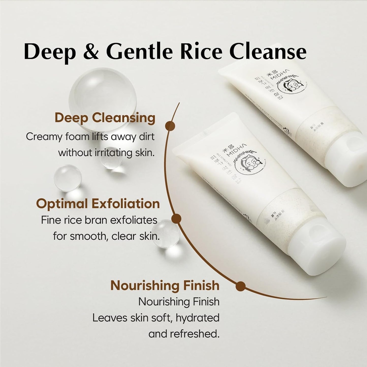 MIDHA RICE BRAN SCRUB FOAM 5.07fl.oz/150ml, Deep Cleansing, Pore-Purifying, Gentle Exfoliating – Soft Micro-Foam Face Wash with Balanced pH & Hydrating, Nourishing Care