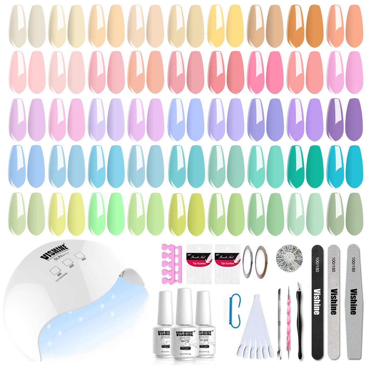 Vishine 48 PCS Pastel Gel Nail Polish Kit with UV Light Base and Matte Glossy Top Coat Nail Gel Polish Soak off Manicure Accessory Tools Suitable for All Seasons