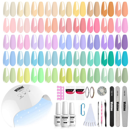 Vishine 48 PCS Pastel Gel Nail Polish Kit with UV Light Base and Matte Glossy Top Coat Nail Gel Polish Soak off Manicure Accessory Tools Suitable for All Seasons
