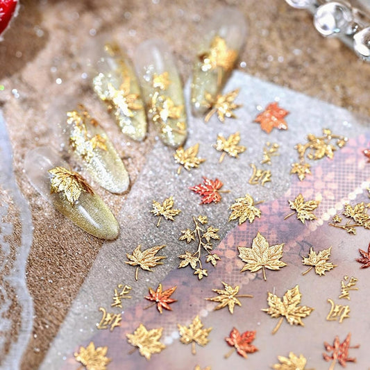 Fall Nail Art Stickers Autumn 5D Maple Leaf Nail Decals Thanksgiving Day Nail Decorations Supplies Gilding Maple Leaf Nail Art Sticker Fall Stickers for Women Girls Nails Manicure Decor 1Sheet