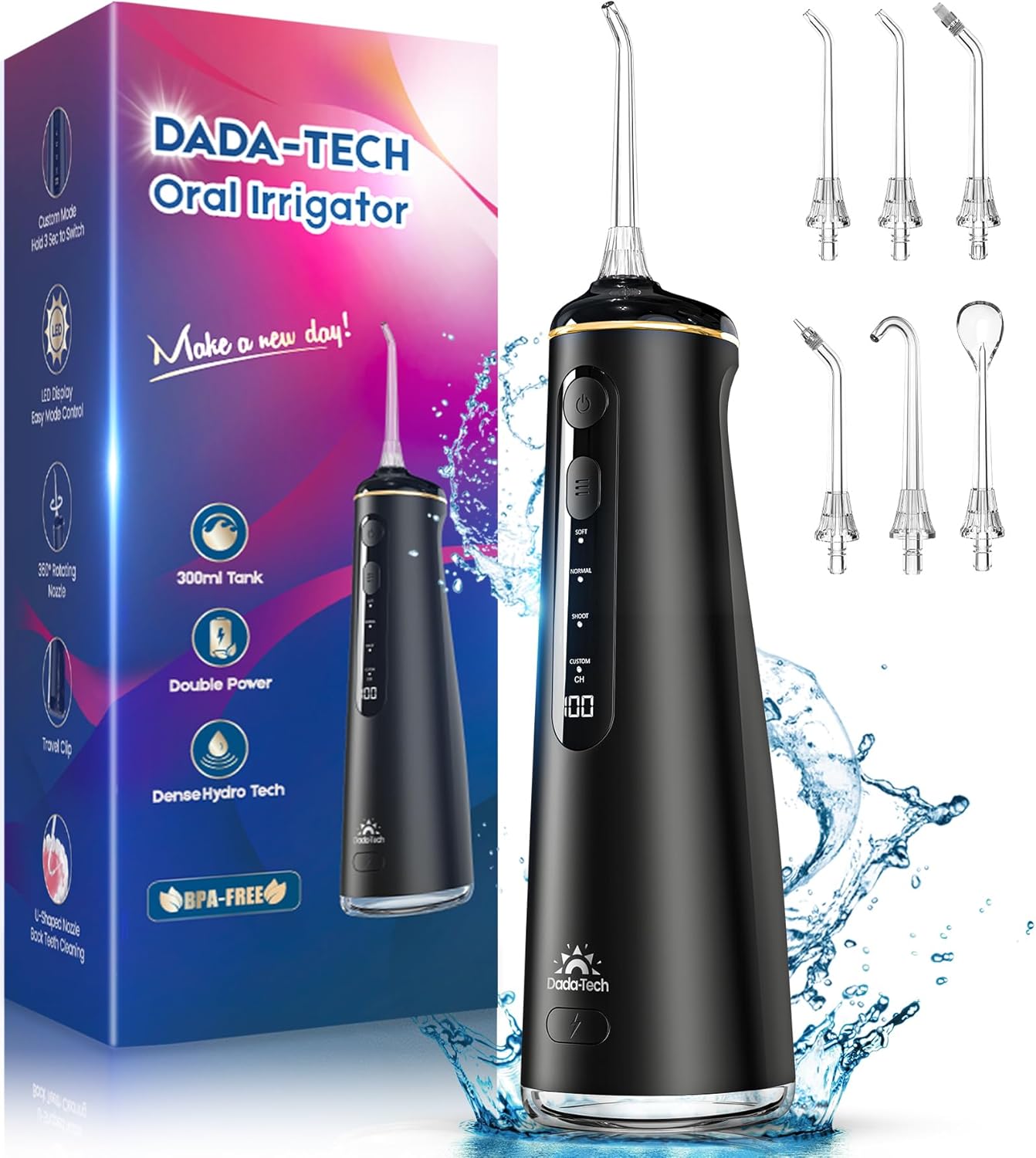 Water Flosser for Teeth, Cordless Oral Irrigator Portable Dental Cleaner Picks with 8 DIY Modes 7 Jets 300ml Tank Braces Flossers Rechargeable (Black)