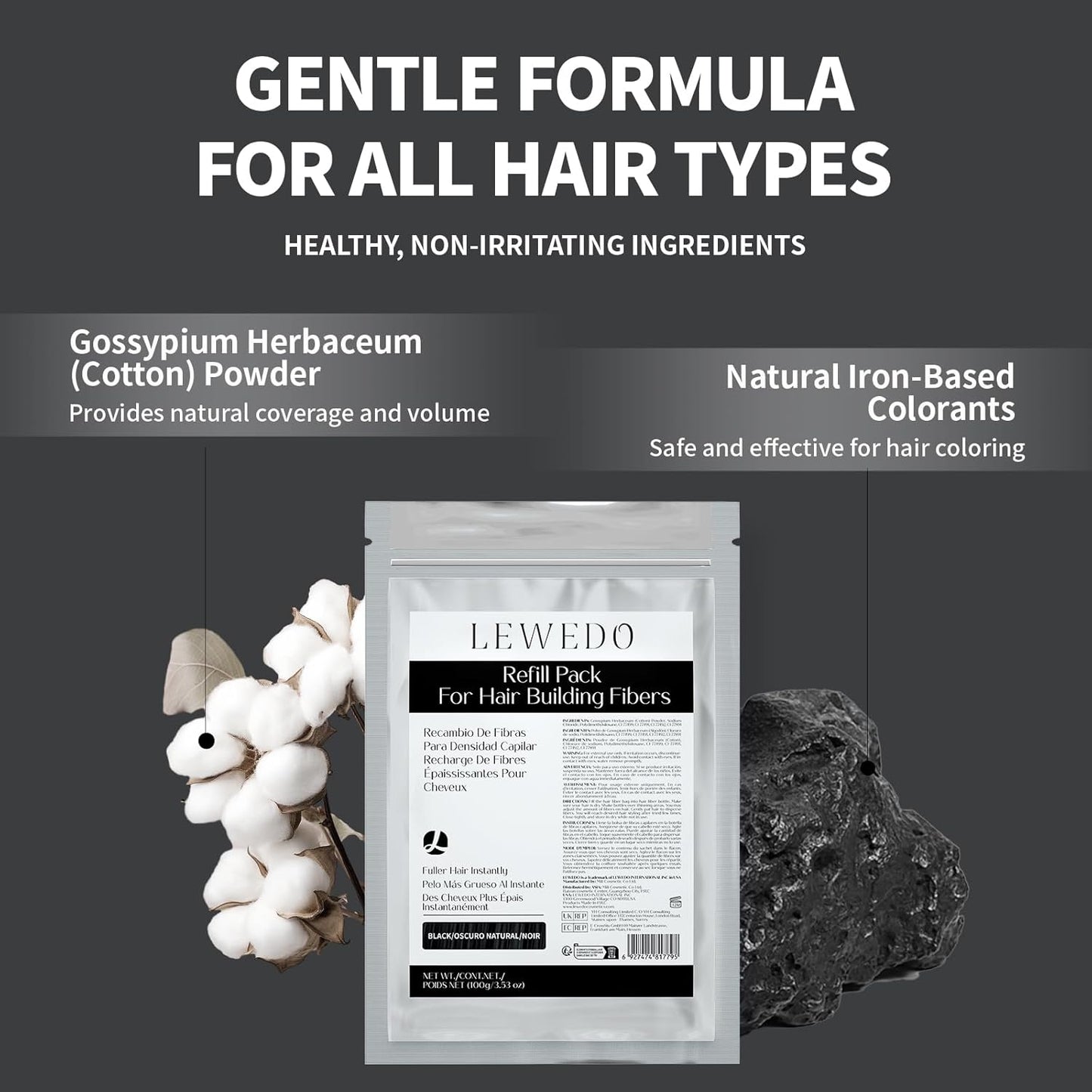 Hair Building Fibers Refill Pack - 100g Instant Thickening Fibers for Men & Women, Natural Cotton Powder, Wind/Rain Resistant, For All Hair Fiber Applicator Bottles (Dark brown)