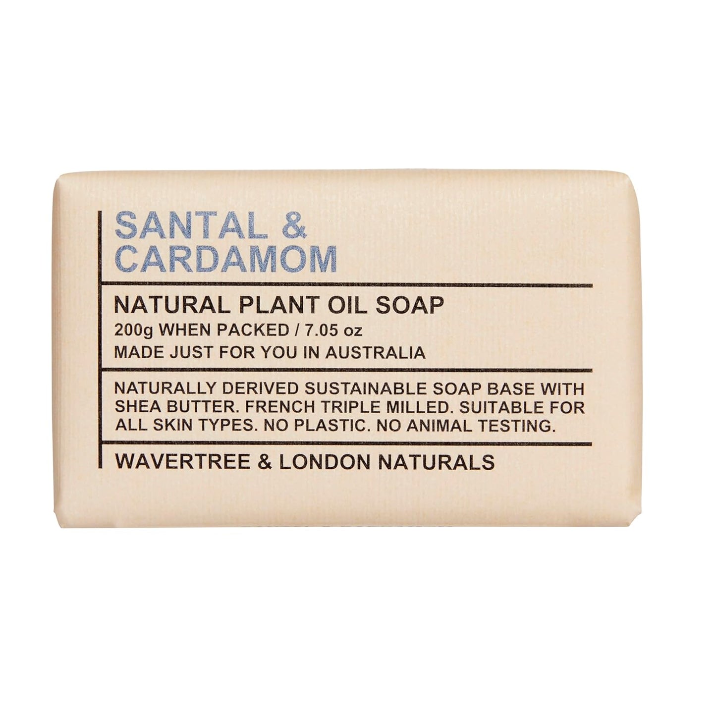 Wavertree & London Santal & Cardamon Scented 100% Natural Soap Bar, 7oz Moisturizing French Triple Milled Soap Bar for Women & Men enriched with shea butter - Pure Bath & Body soap bar