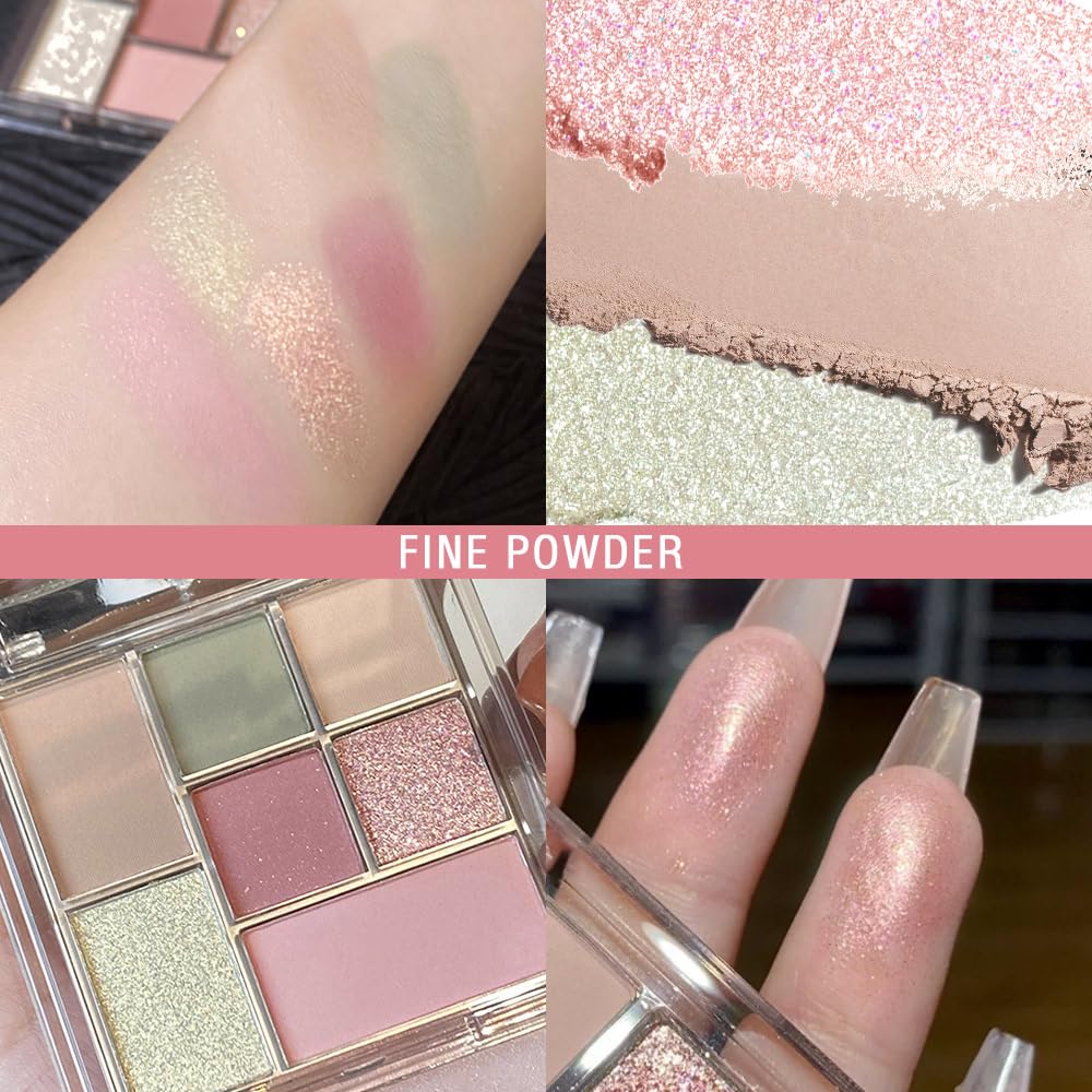 Nude Pink 7Colors Eyeshadow Makeup Palette with Mirror,Green Natural Neutral Eye Shadow Palettes for Older Women,Long Lasting Naturing-Looking,Lightweight,Waterproof,Eye Makeup Kit Travel Size,Vegan