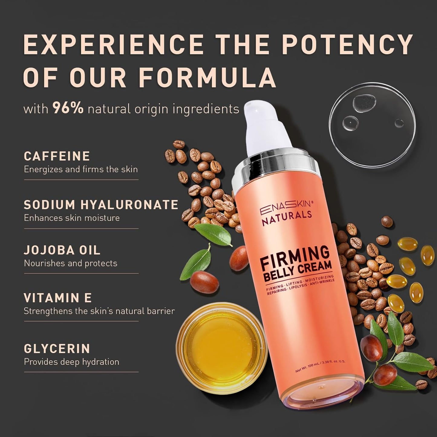 Enaskin Naturals Belly Firming Cream: B Flat Skin Tightening, Cellulite & Stretch Mark Reduction Cream for Stomach, Thighs and Booty - Hydrating Body Lotion for Women & Men, 3.38 Fl. Oz