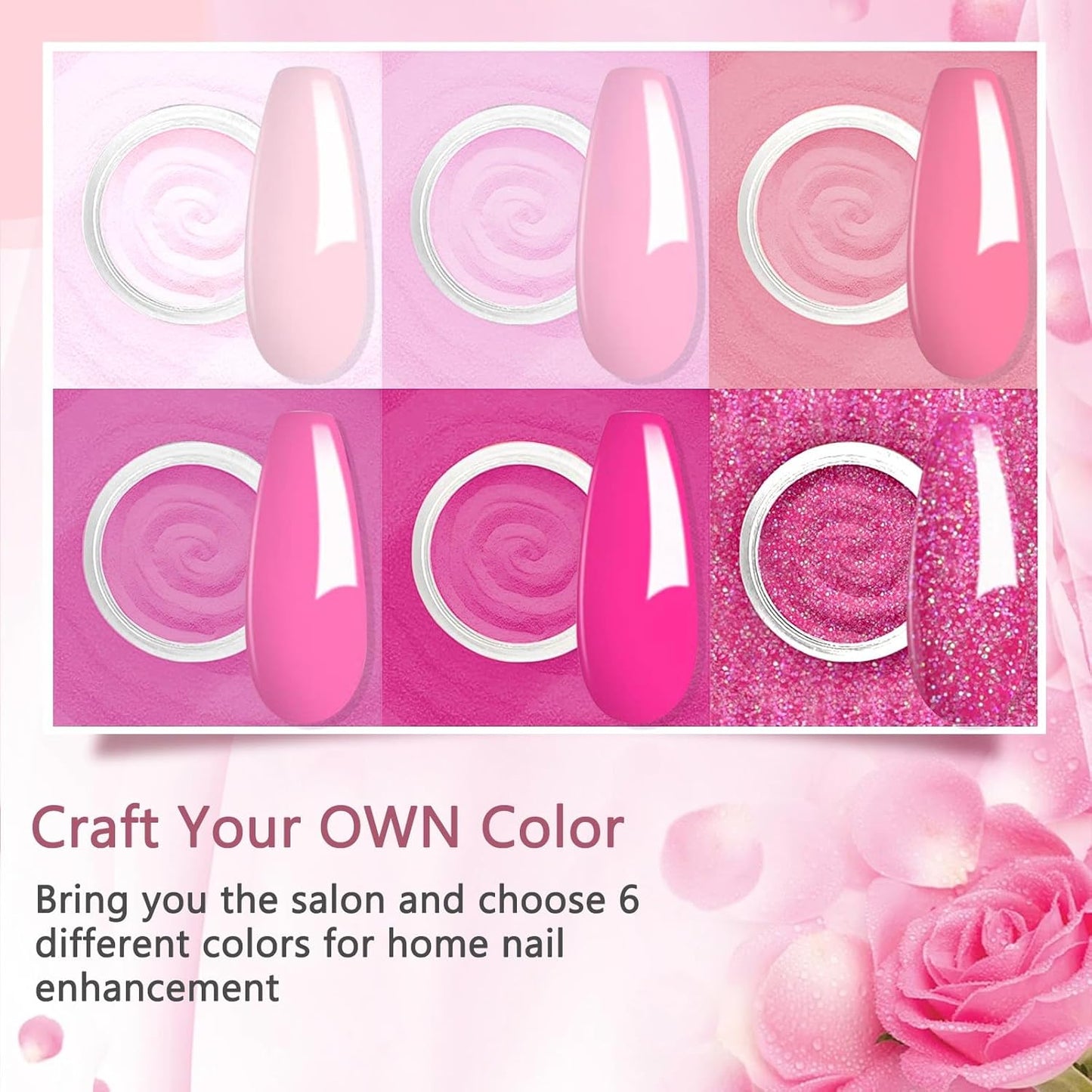 6 Colors Dip Powder Set, Pink Glitter Christmas Dipping Powder Color Set, Glossy Nail Art Manicure DIY Salon Home Gift for Ladies (YYSDDPS-No.10-6PCS)
