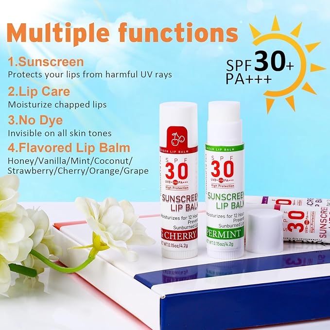 SPF 30 Lip Balm with Sunscreen, SPF Lip Balm Bulk Travel Size-16 Pack, Hydrating Lip Balm Pack with Vitamin E and Coconut Oil- 8 Flavors