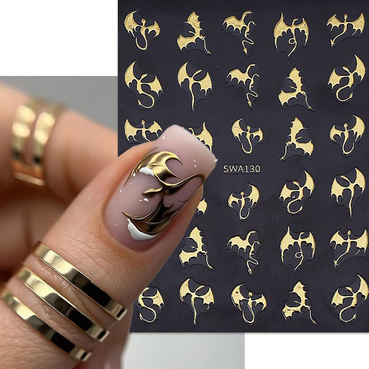 6Sheets Bat Nail Stickers Halloween Nail Decals Dragon Nail Art Stickers Gold Silver Laser Bronzing Design Cute Sticker Nail for Nail Art for Women DIY Manicure Decor Supplies