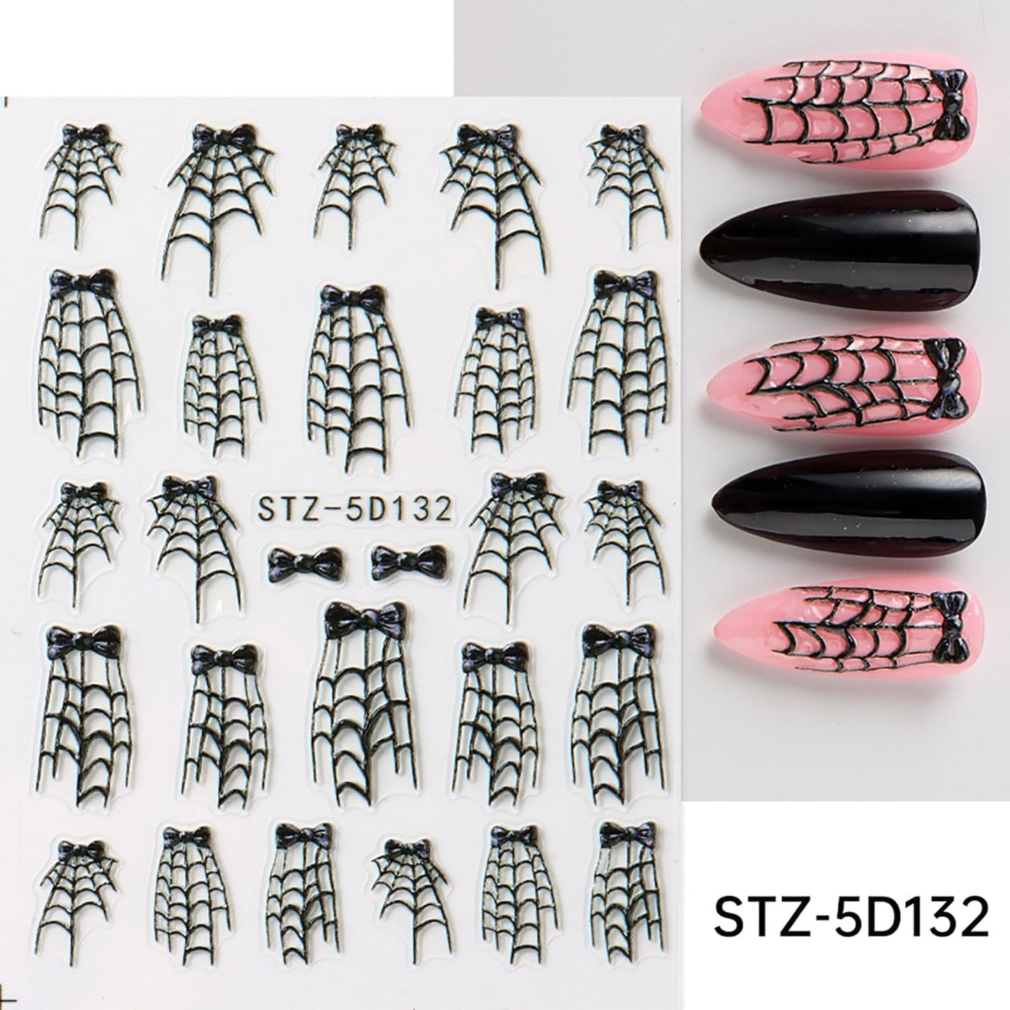 Spider Web Nail Stickers 5D Embossed Halloween Nail Decals for Press Ons 2PCS Self-Adhesive Black Cobweb Bow Design Halloween Nail Charms Holiday Nail Decorations Nail Art for Women DIY Manicure