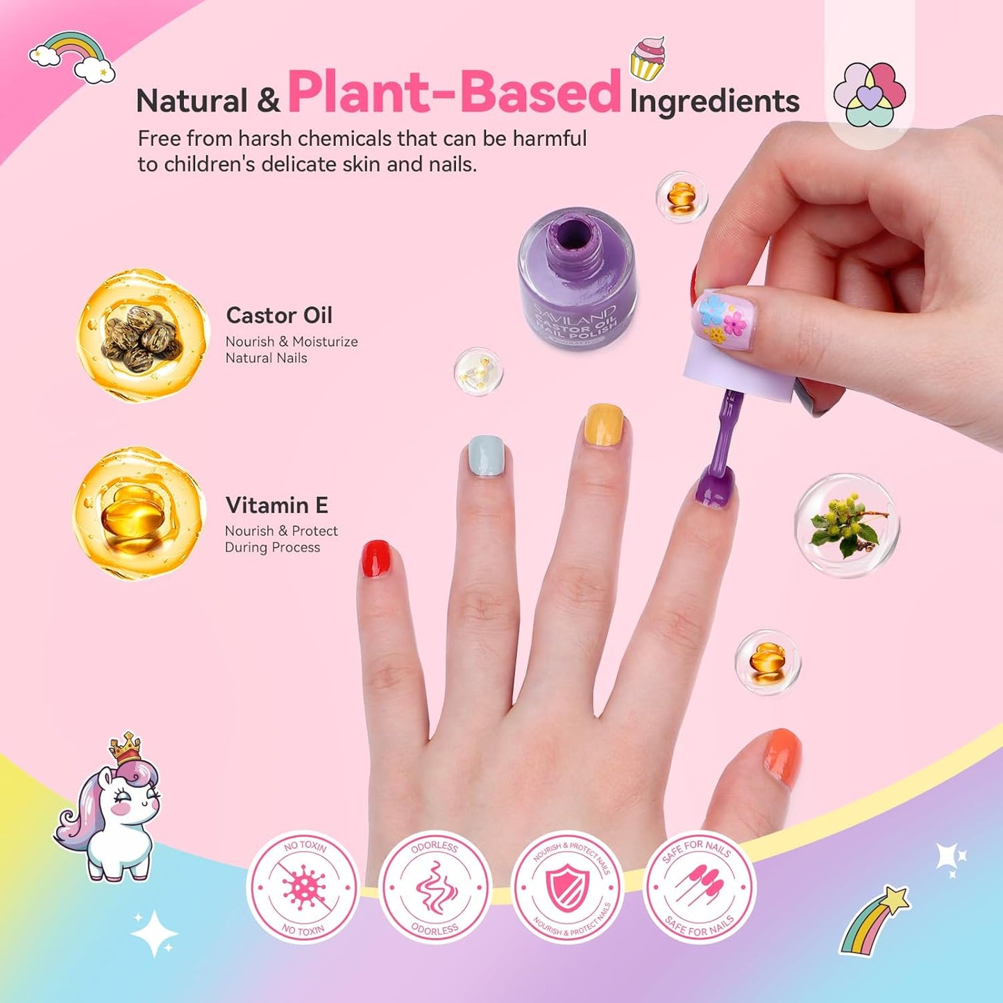 SAVILAND Glamkids Kids Nail Polish Set: 12 Colors Quick Dry Non-Toxic Nail Polish for Toddler, Water Based Peel-Off Fingernail Polish Safe Nail Art Kit with Sticker for Girls & Boys Ages 5-12 Manicure