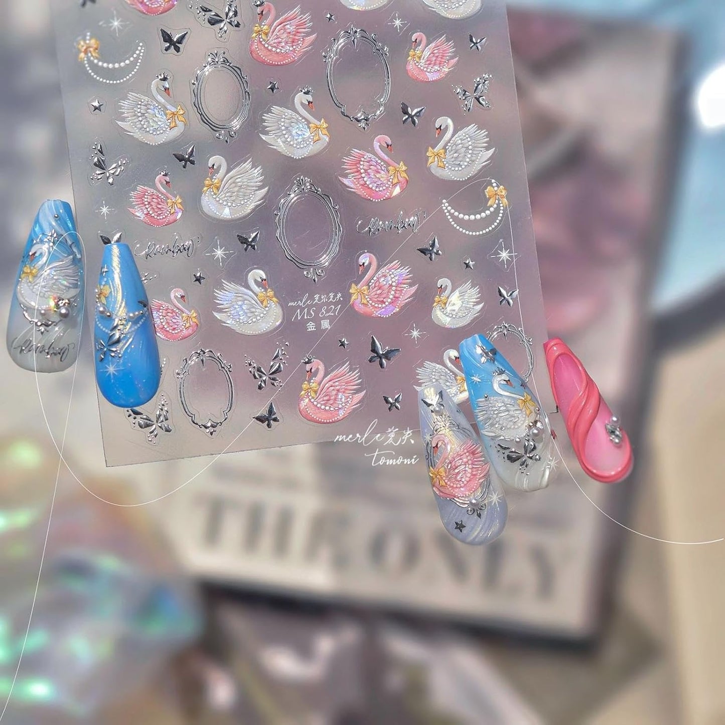 1 Sheet Swan Nail Stickers 5D Embossed Pink Animal Print Nail Art Stickers Self-Adhesive Yellow Bow Nail Decals Silver Butterfly Nail Designs Pearl Frame Nail Art Decoration for Women Manicure