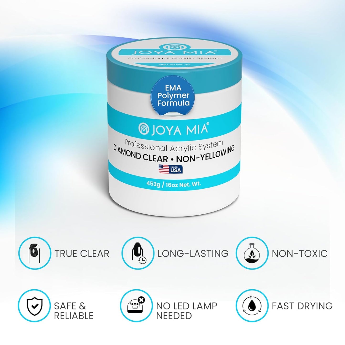 Joya Mia Acrylic Powder for Nails, MMA-Free, Super Adhesion Professional Powder for Flawless & Long-Lasting Nail Enhancements, Easy Application, Vibrant & Stunning Colors - Diamond Clear, 5 lbs