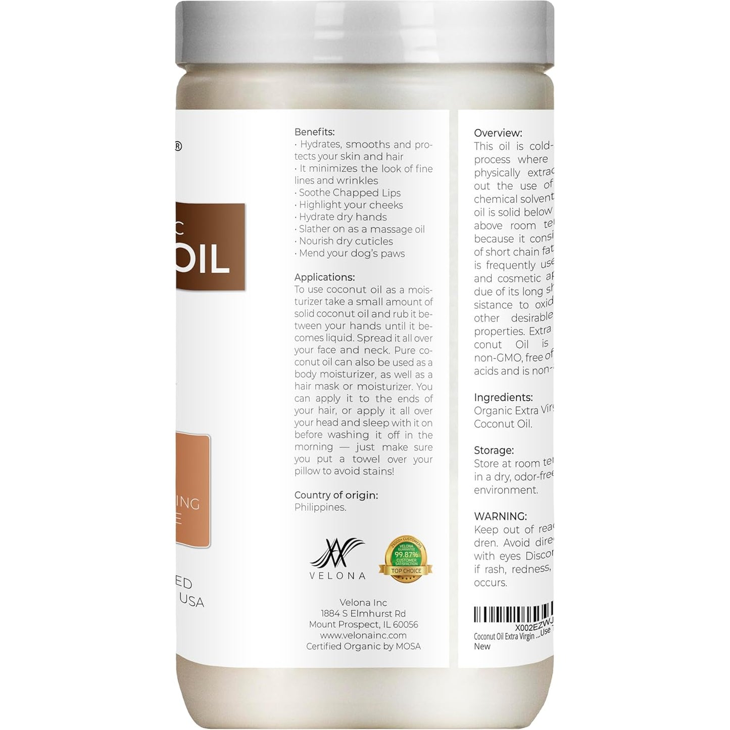 Velona USDA Certified Organic Coconut Oil Extra Virgin - 64 fl oz | Food and Cosmetic Grade | in jar | Extra Virgin, Cold Pressed