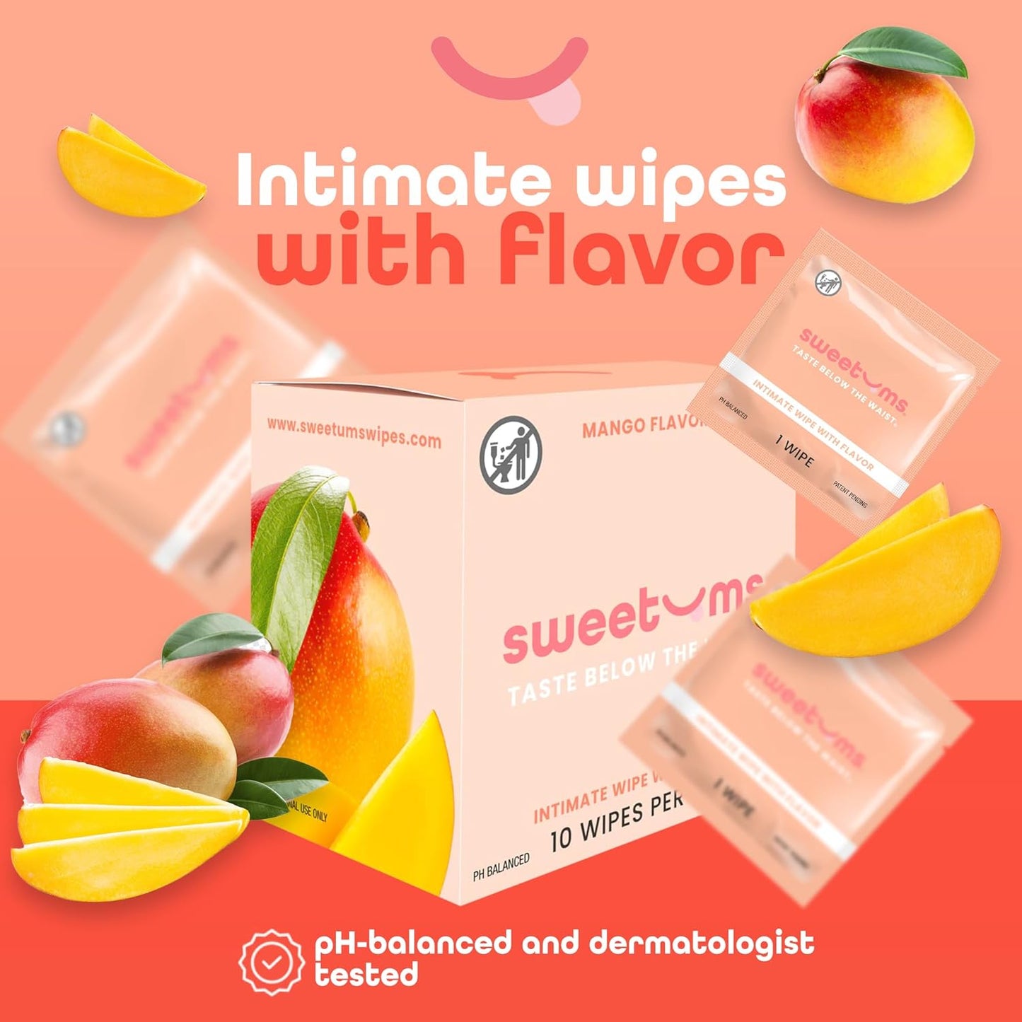 Feminine Wipes For Women, Individually Wrapped - pH Balanced Flavored Intimate Wipes - Mango, Pack of 10