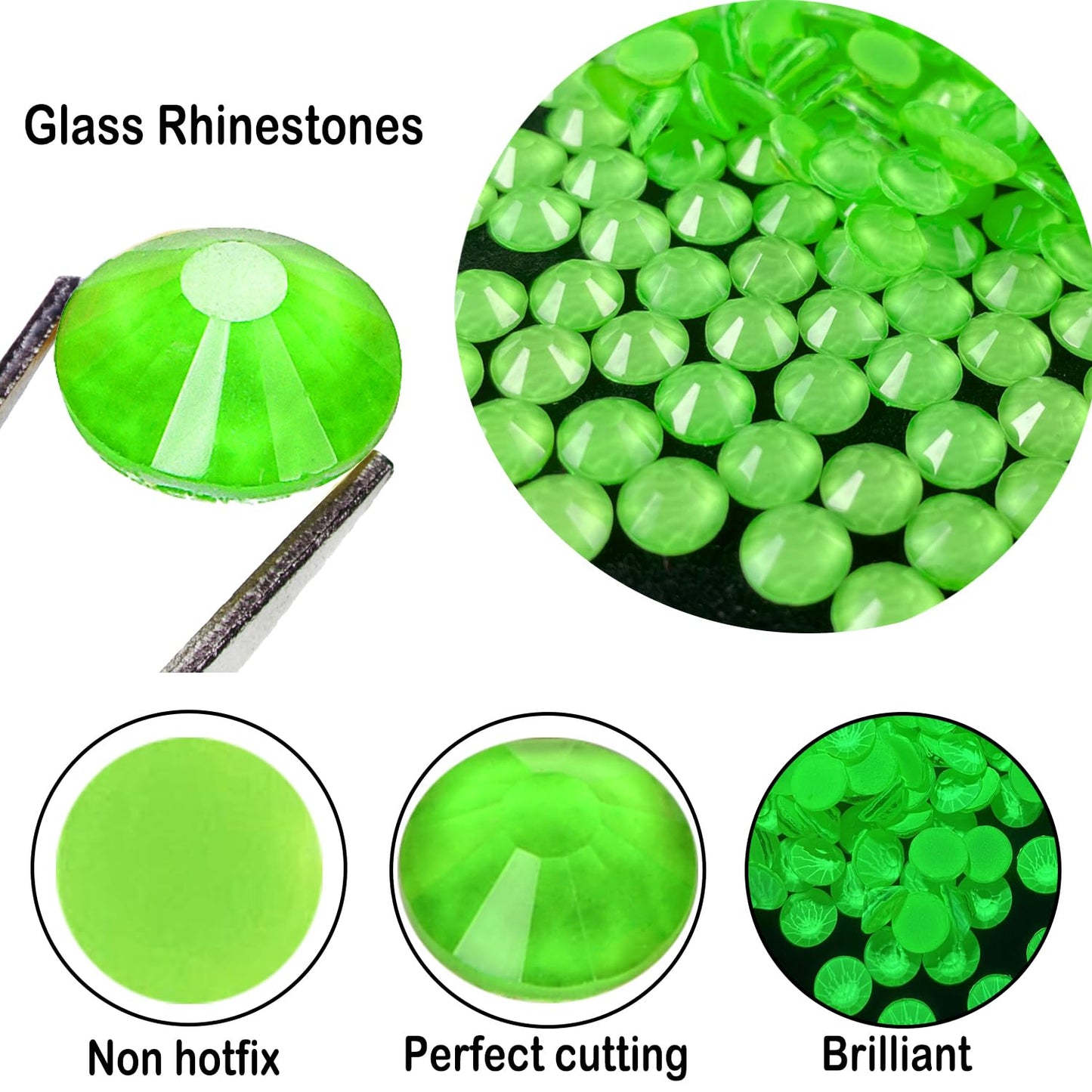Flatback Glass Rhinestones,Bedazzler Gems 1440pcs Non Hotfix Crystal Rhinestones for Nail Charms Crafts Clothes Tumblers,Light Green Neon,SS10
