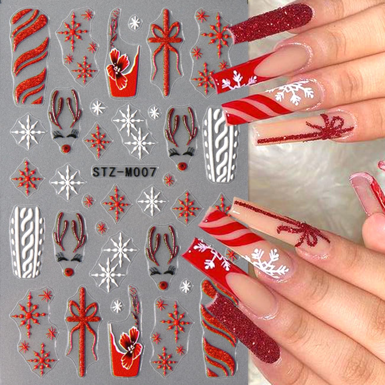 Christmas Nail Stickers,Cartoon Xmas with Cute Gingerbread Man Snowflake Candy Crutch Snowflake Gift Bow Elk French Glitter Design Self-Adhesive Decals for Nails Winter Manicure Decoration 6Sheets