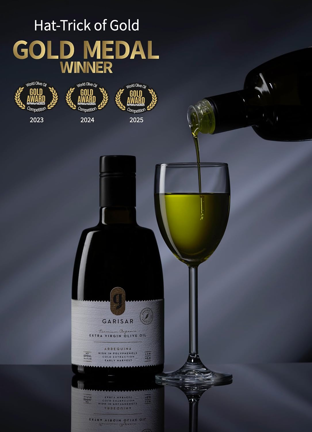 Garisar High In Polyphenol Premium Extra Virgin Olive Oil (>600 ppm), Low Acidity (max 0.2%), NYIOOC 2025 Gold Medal Winner, Organic Agriculture, Hand Picked, Cold Pressed, 100% Arbequina, Pack of 2